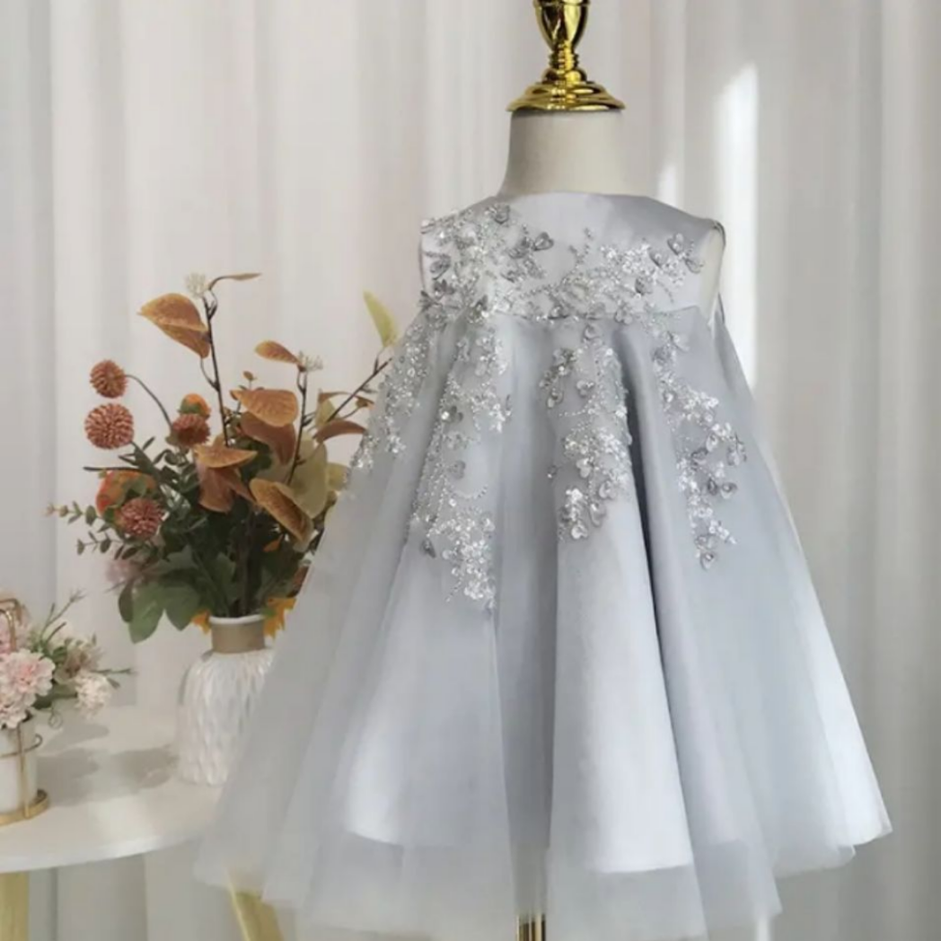 Picture of Light Gray Mesh Flower Princess Dress for Baby Girls